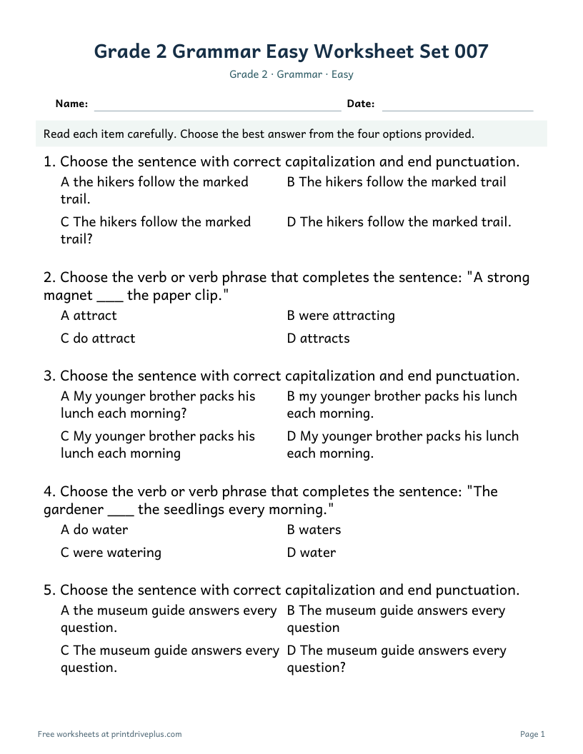 Preview of Grade 2 Grammar Easy Worksheet Set 007