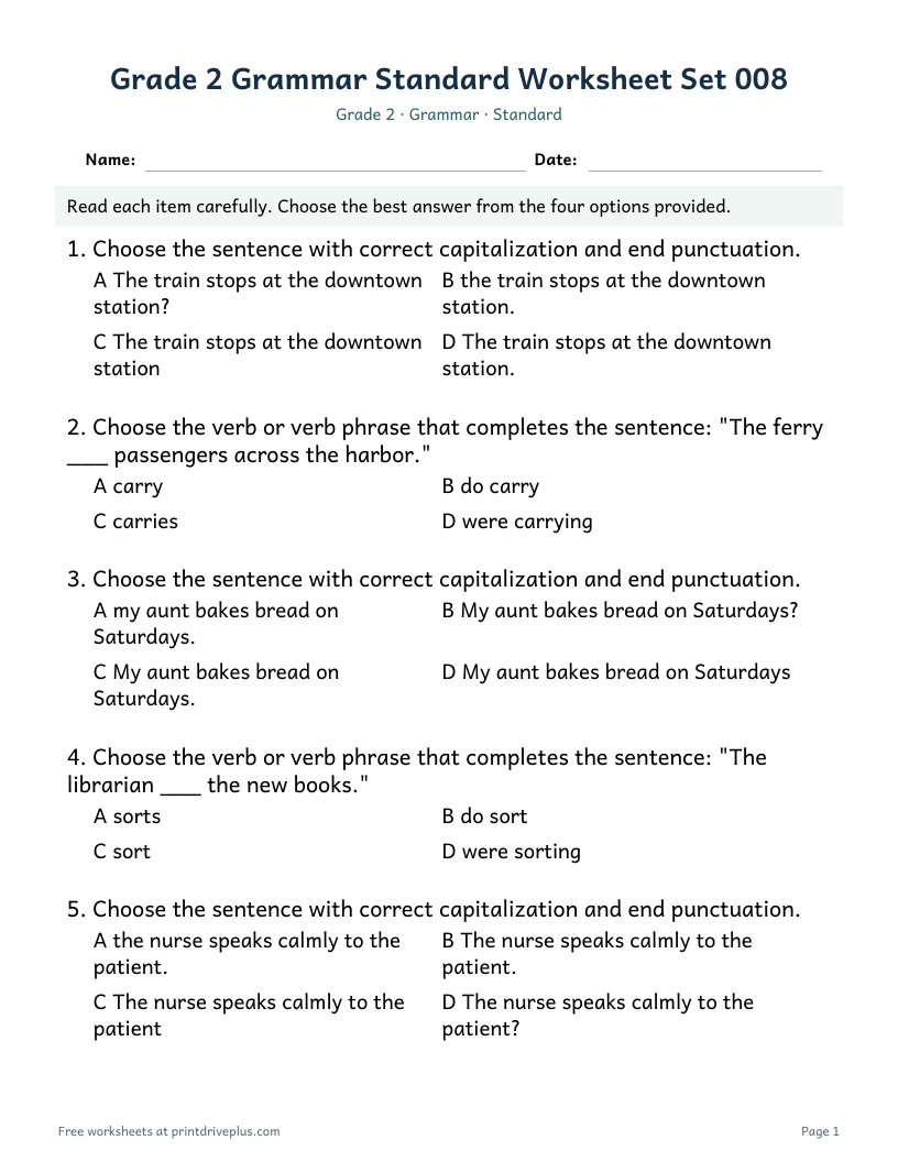 Preview of Grade 2 Grammar Standard Worksheet Set 008