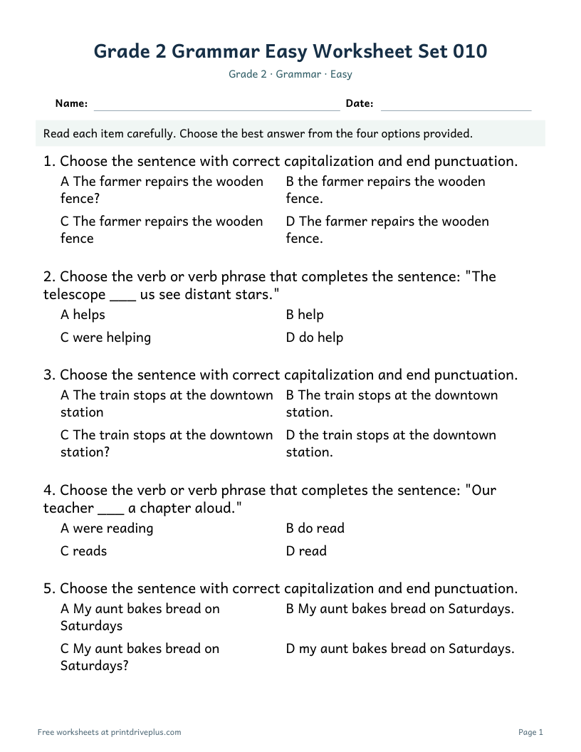 Preview of Grade 2 Grammar Easy Worksheet Set 010