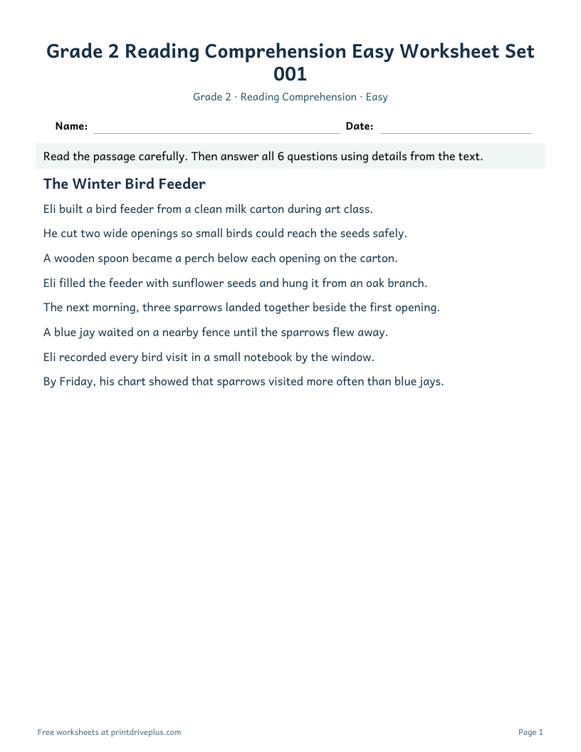 Preview of Grade 2 Reading Comprehension Easy Worksheet Set 001