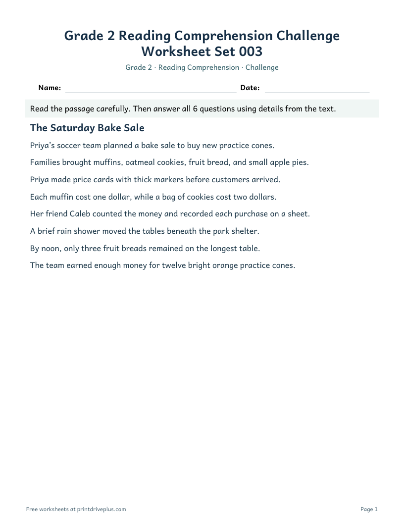 Preview of Grade 2 Reading Comprehension Challenge Worksheet Set 003