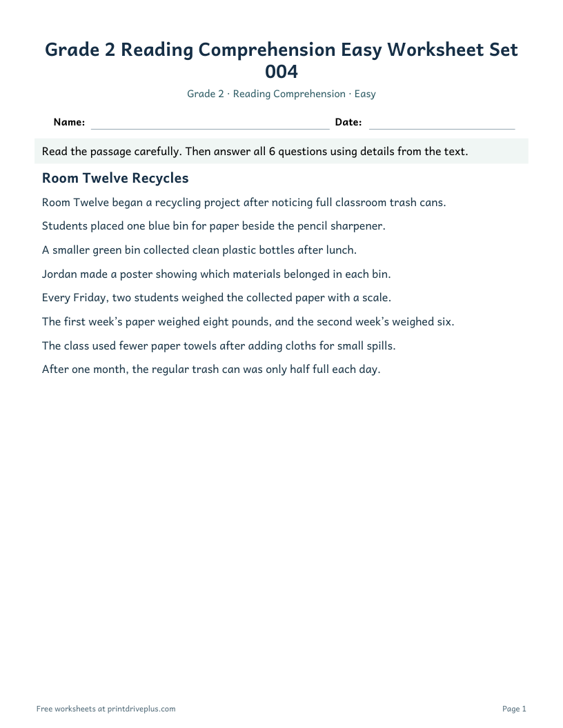 Preview of Grade 2 Reading Comprehension Easy Worksheet Set 004