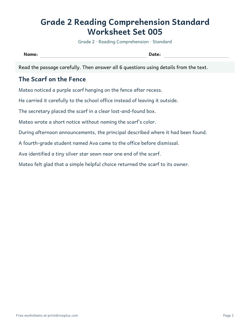 Preview of Grade 2 Reading Comprehension Standard Worksheet Set 005