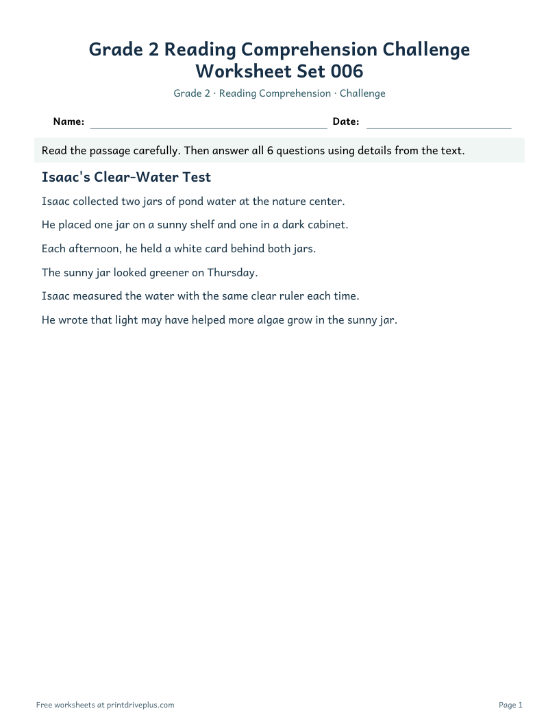 Preview of Grade 2 Reading Comprehension Challenge Worksheet Set 006