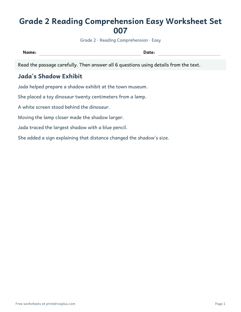 Preview of Grade 2 Reading Comprehension Easy Worksheet Set 007