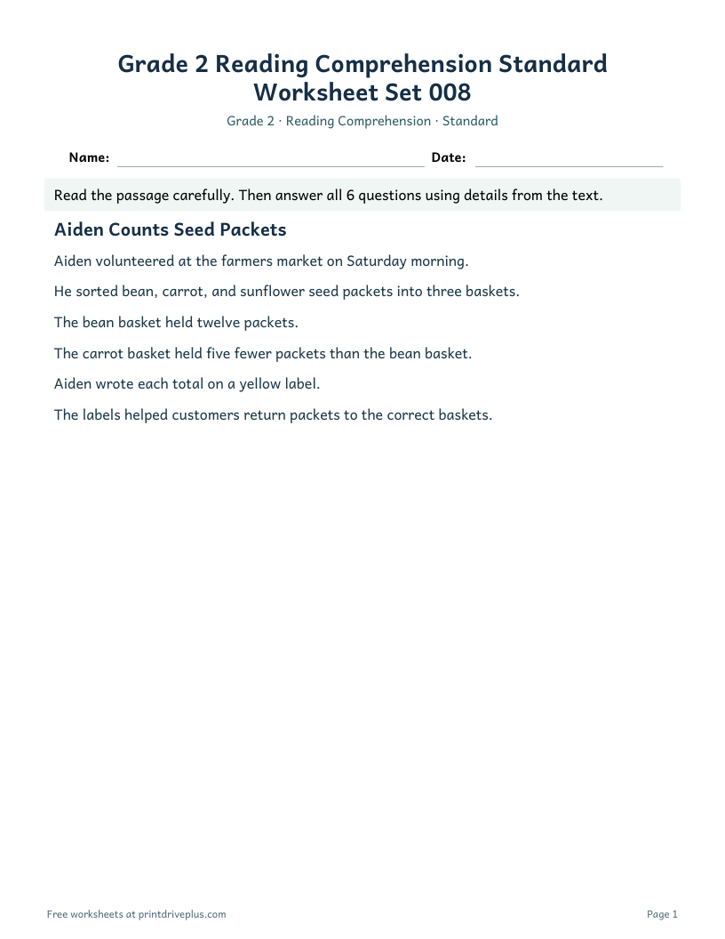 Preview of Grade 2 Reading Comprehension Standard Worksheet Set 008