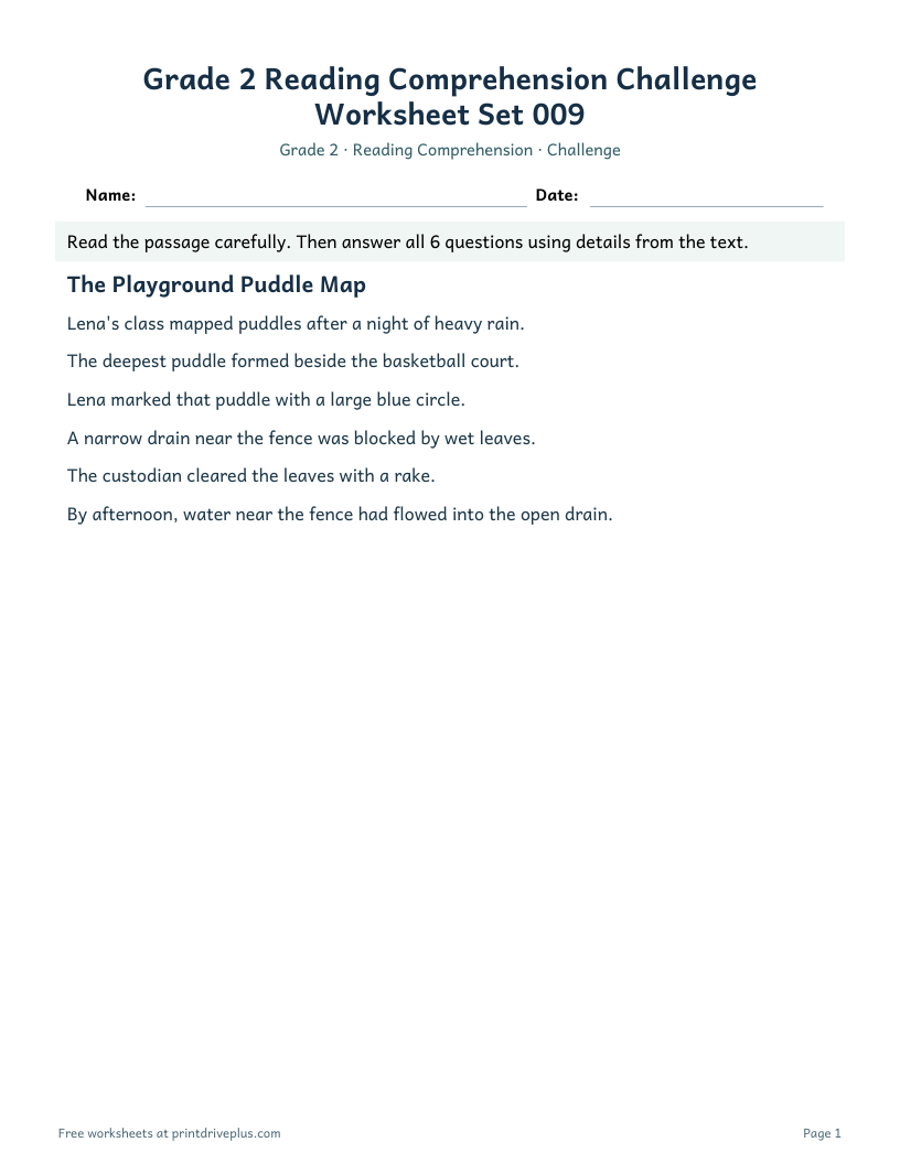 Preview of Grade 2 Reading Comprehension Challenge Worksheet Set 009