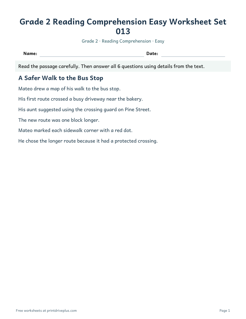 Preview of Grade 2 Reading Comprehension Easy Worksheet Set 013