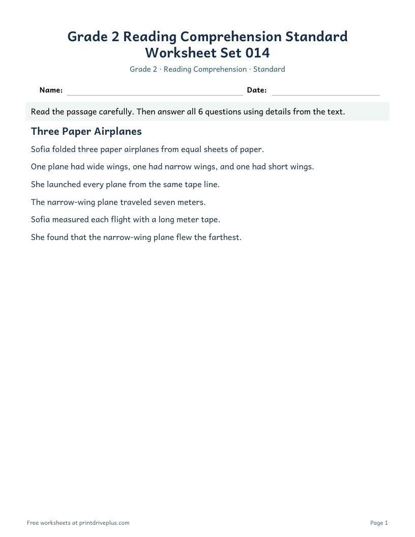 Preview of Grade 2 Reading Comprehension Standard Worksheet Set 014