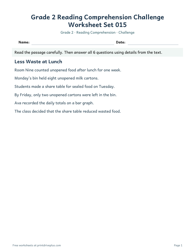 Preview of Grade 2 Reading Comprehension Challenge Worksheet Set 015