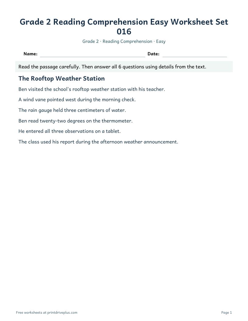 Preview of Grade 2 Reading Comprehension Easy Worksheet Set 016