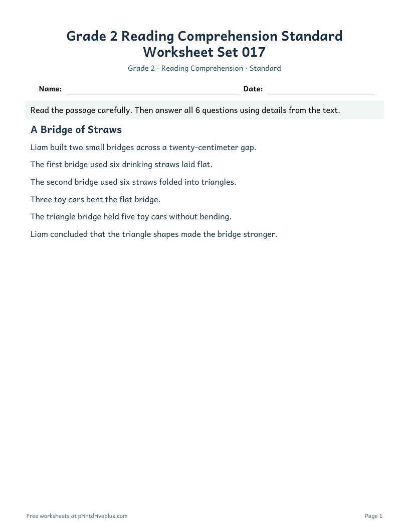 Preview of Grade 2 Reading Comprehension Standard Worksheet Set 017