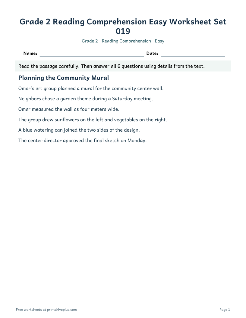 Preview of Grade 2 Reading Comprehension Easy Worksheet Set 019