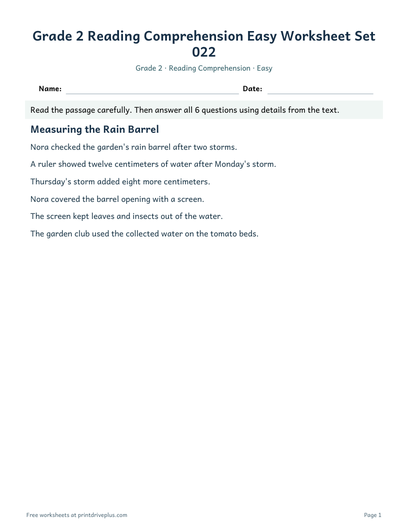 Preview of Grade 2 Reading Comprehension Easy Worksheet Set 022