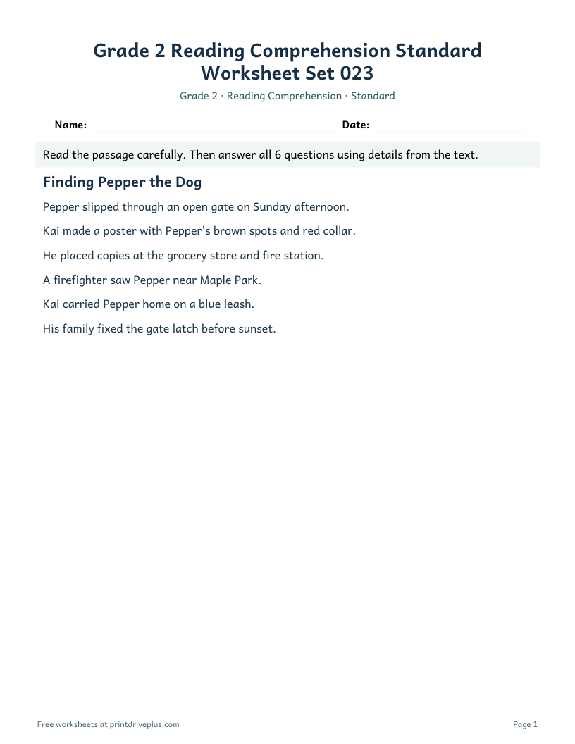 Preview of Grade 2 Reading Comprehension Standard Worksheet Set 023