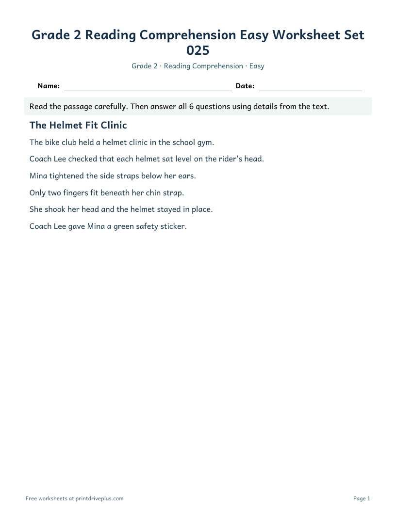 Preview of Grade 2 Reading Comprehension Easy Worksheet Set 025