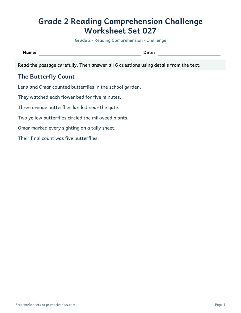 Preview of Grade 2 Reading Comprehension Challenge Worksheet Set 027