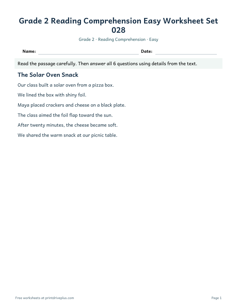 Preview of Grade 2 Reading Comprehension Easy Worksheet Set 028