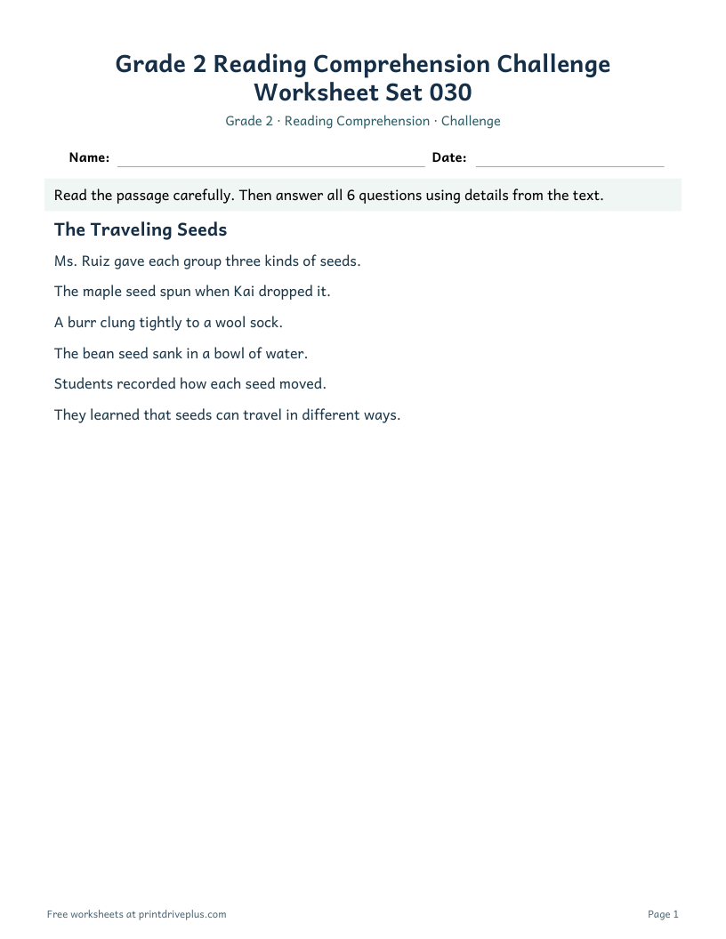 Preview of Grade 2 Reading Comprehension Challenge Worksheet Set 030