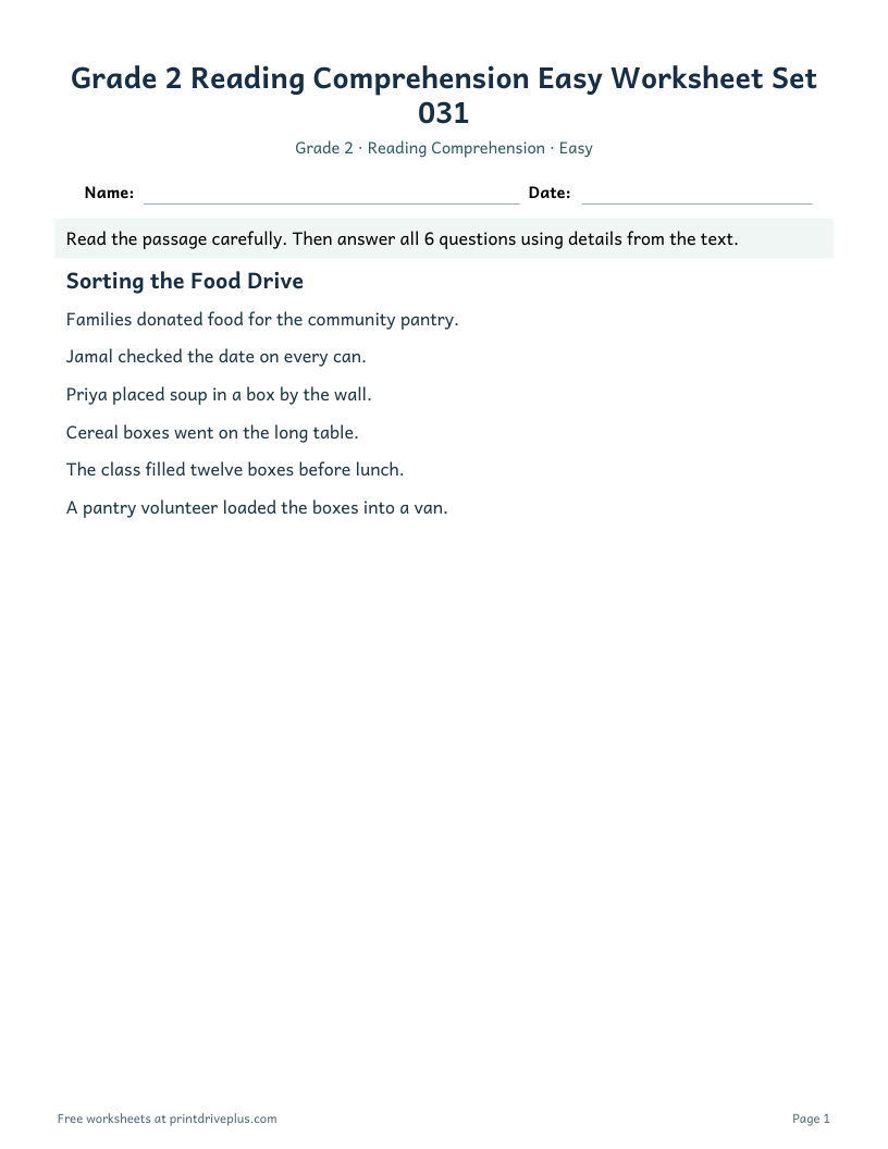 Preview of Grade 2 Reading Comprehension Easy Worksheet Set 031