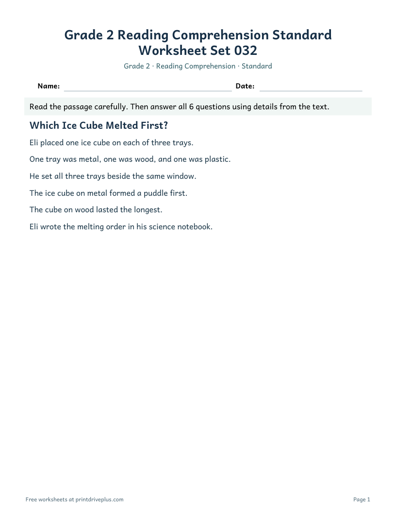 Preview of Grade 2 Reading Comprehension Standard Worksheet Set 032