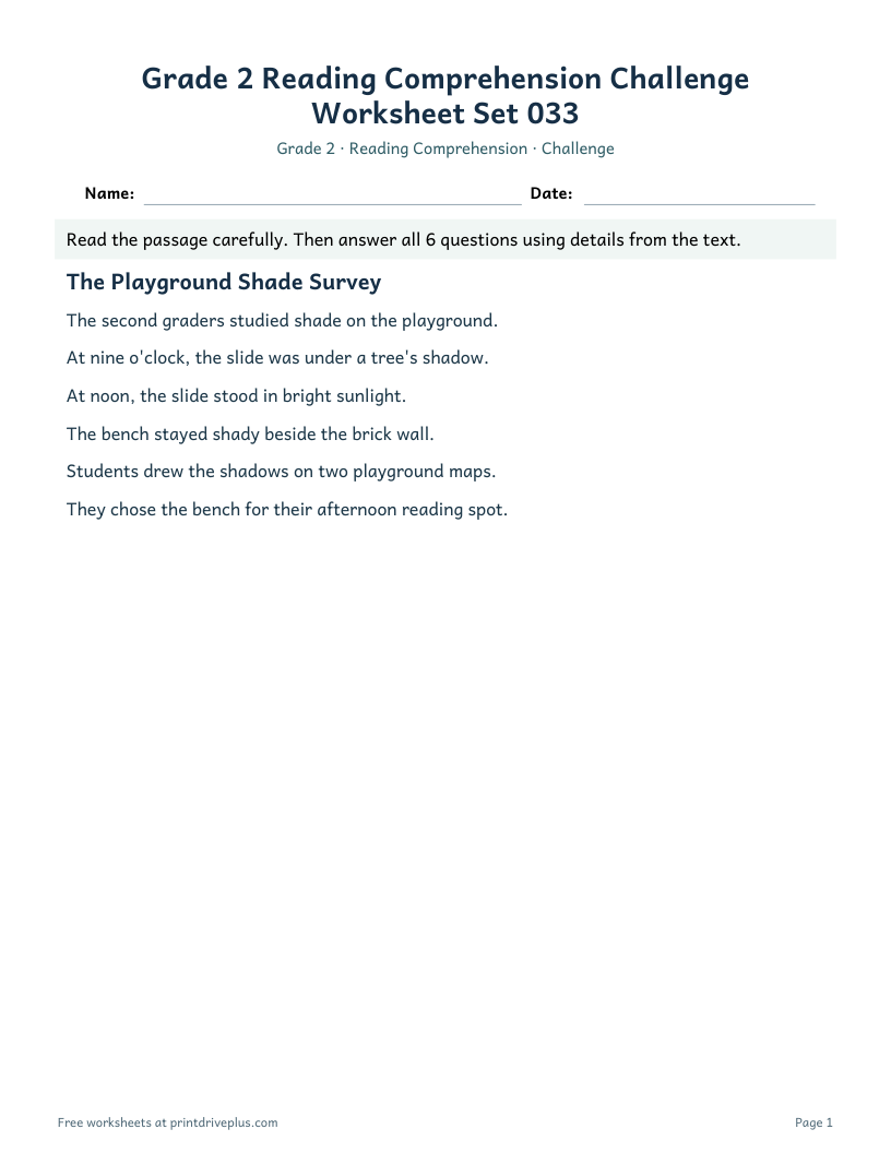Preview of Grade 2 Reading Comprehension Challenge Worksheet Set 033