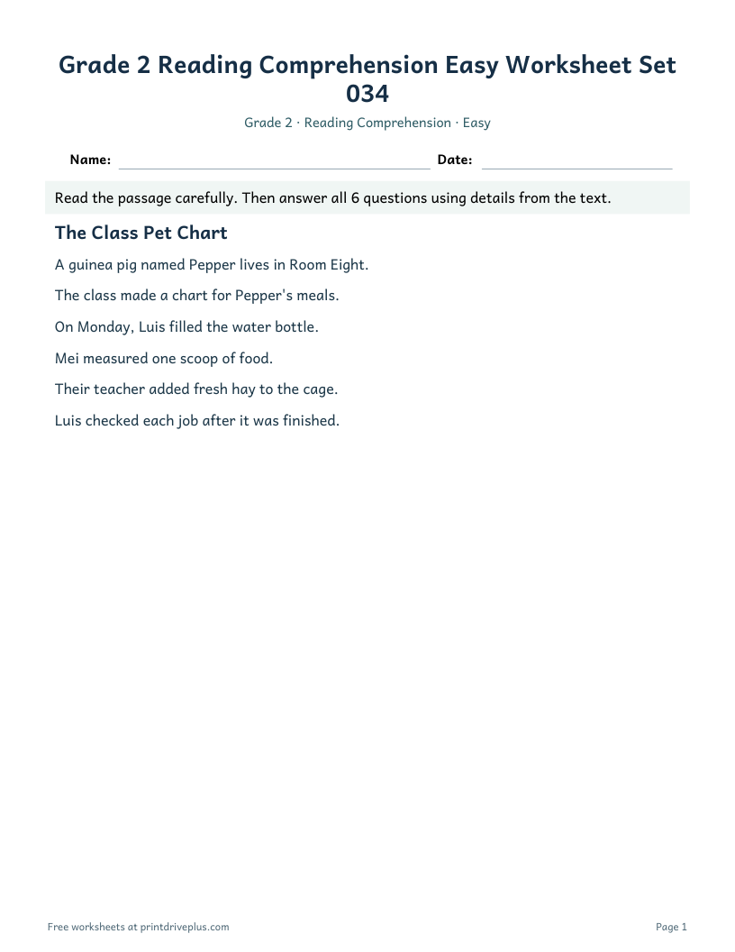 Preview of Grade 2 Reading Comprehension Easy Worksheet Set 034