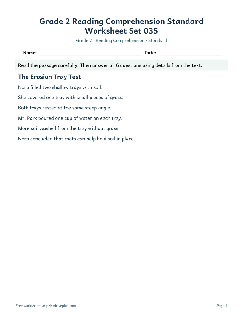 Preview of Grade 2 Reading Comprehension Standard Worksheet Set 035