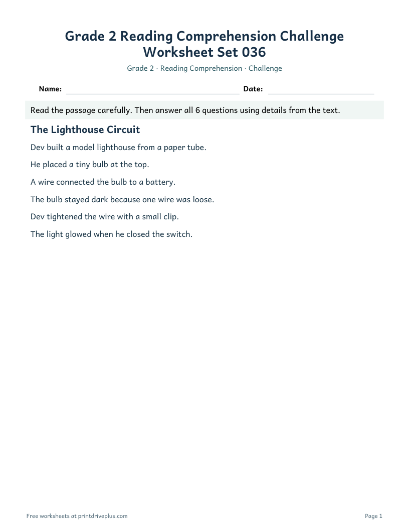 Preview of Grade 2 Reading Comprehension Challenge Worksheet Set 036