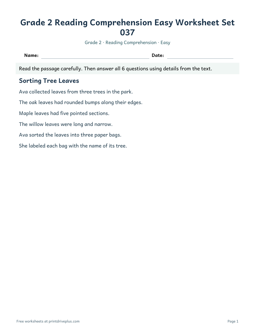 Preview of Grade 2 Reading Comprehension Easy Worksheet Set 037