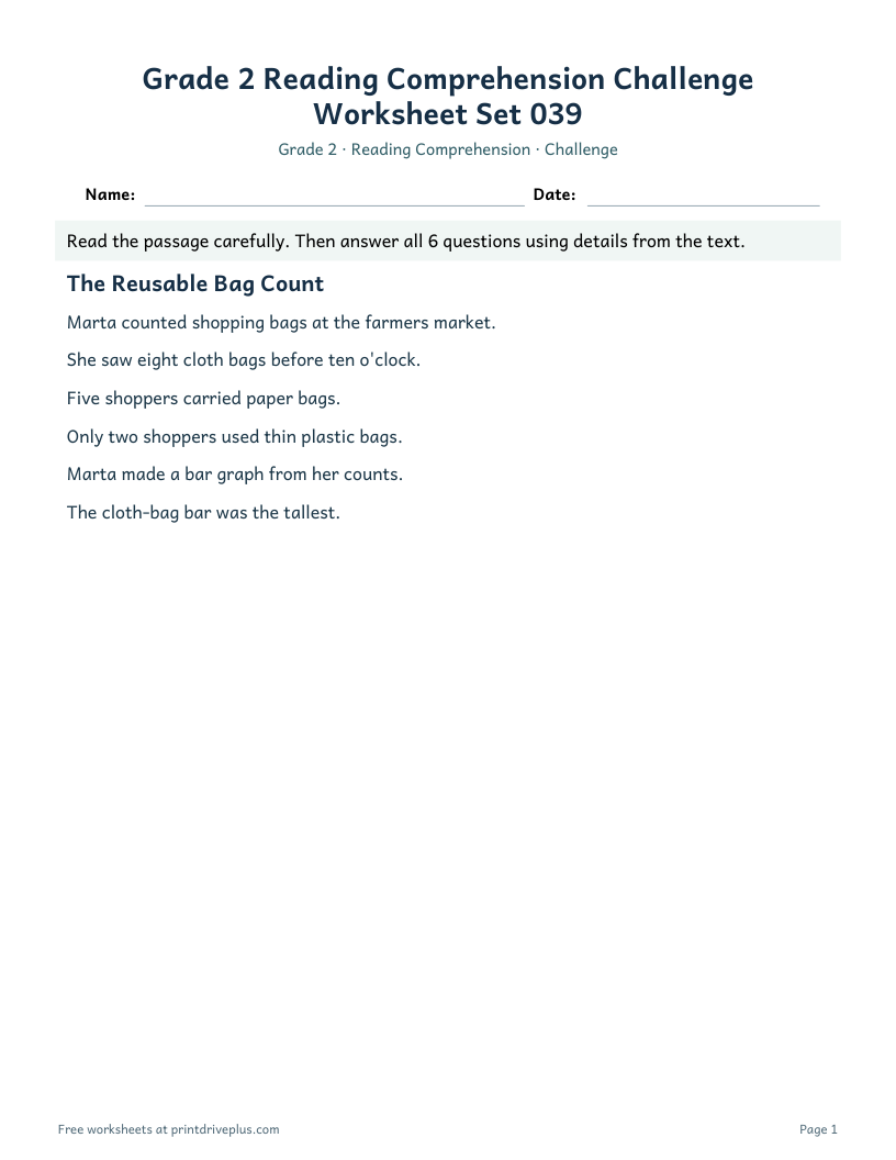 Preview of Grade 2 Reading Comprehension Challenge Worksheet Set 039
