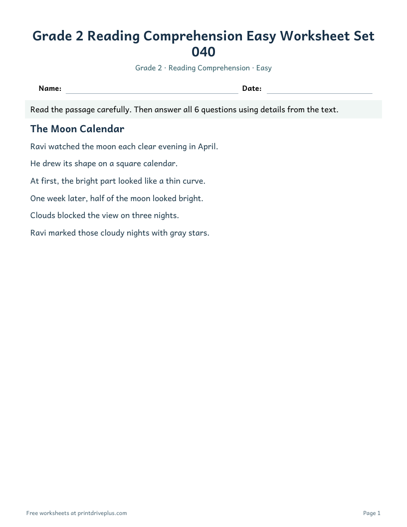 Preview of Grade 2 Reading Comprehension Easy Worksheet Set 040