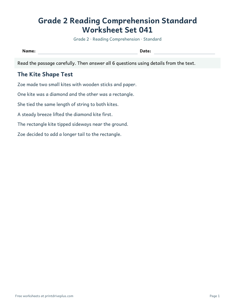 Preview of Grade 2 Reading Comprehension Standard Worksheet Set 041