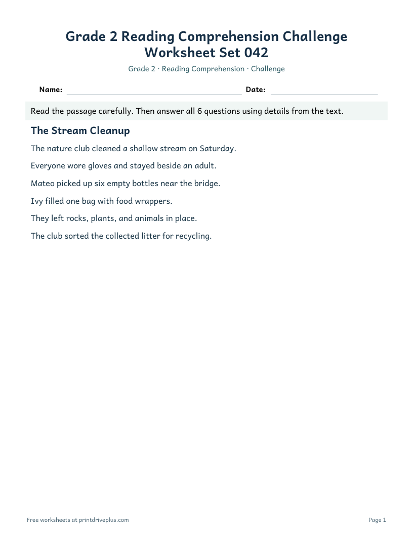 Preview of Grade 2 Reading Comprehension Challenge Worksheet Set 042