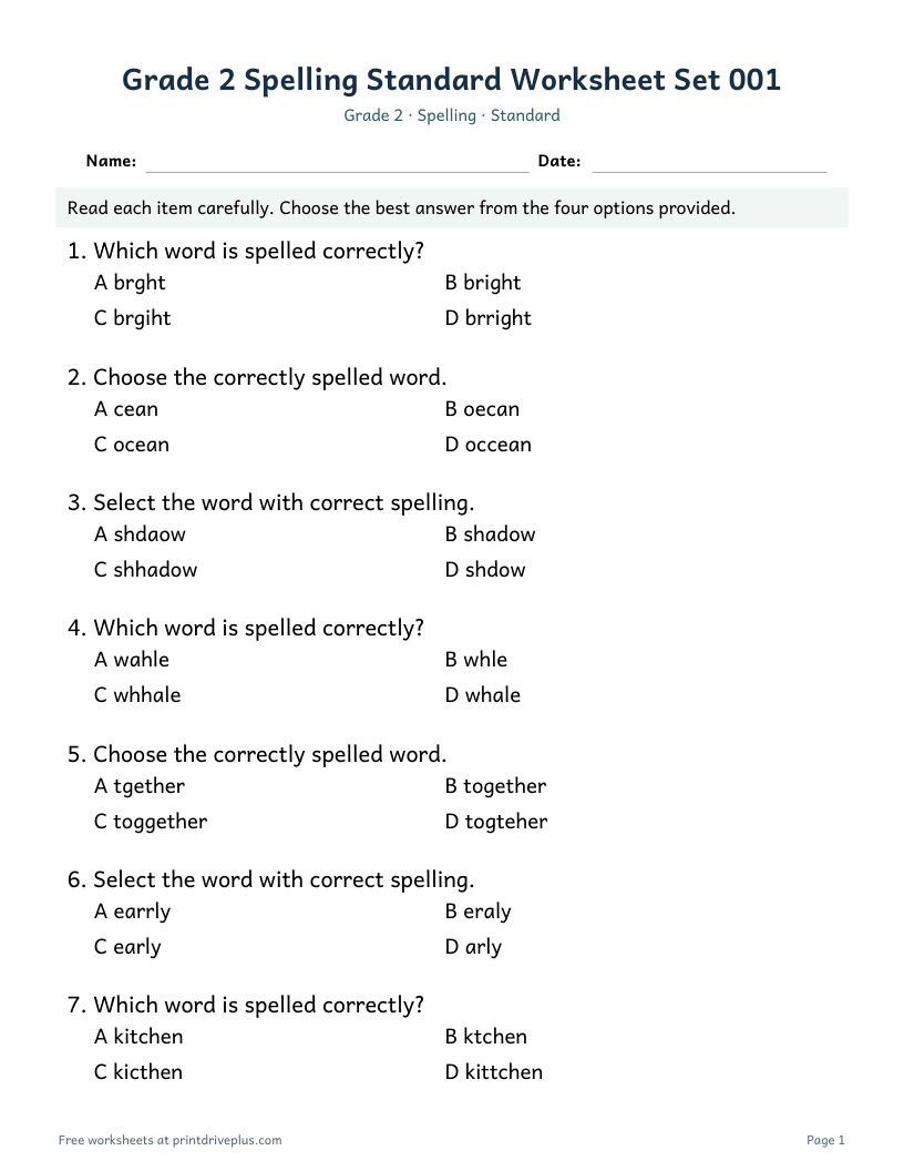 Preview of Grade 2 Spelling Standard Worksheet Set 001