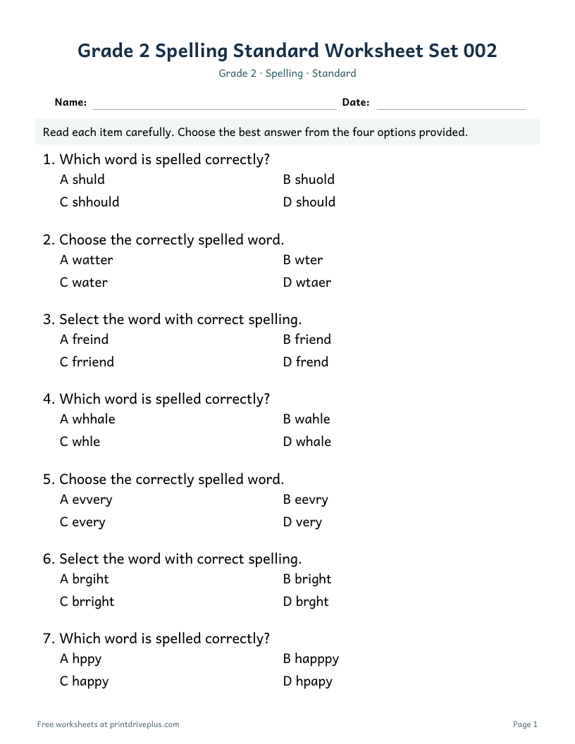 Preview of Grade 2 Spelling Standard Worksheet Set 002