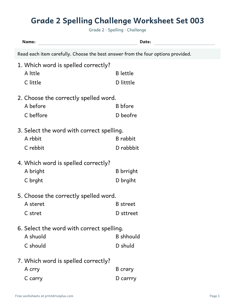 Preview of Grade 2 Spelling Challenge Worksheet Set 003