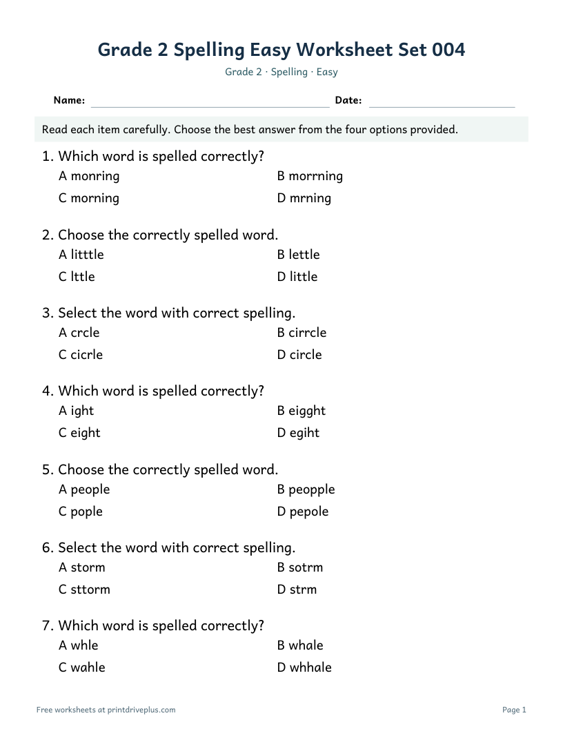 Preview of Grade 2 Spelling Easy Worksheet Set 004