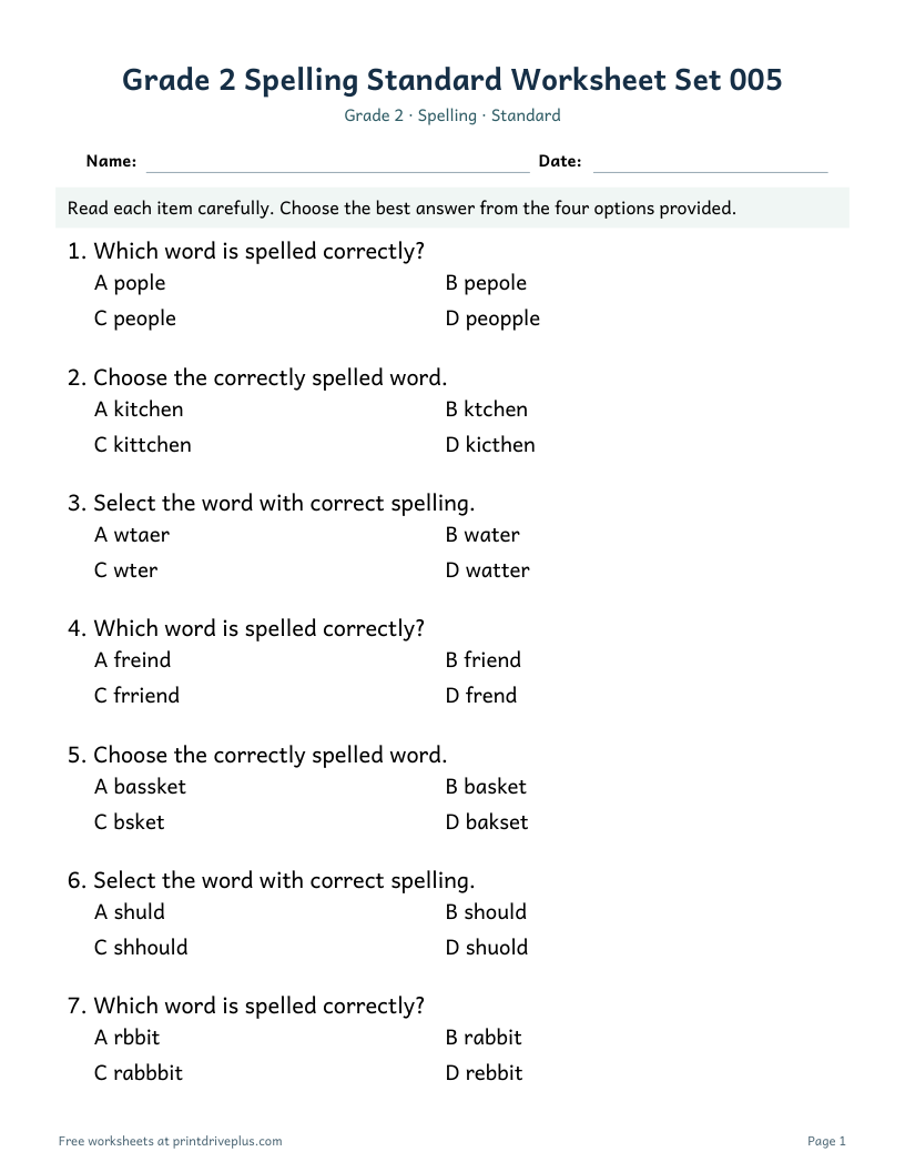 Preview of Grade 2 Spelling Standard Worksheet Set 005