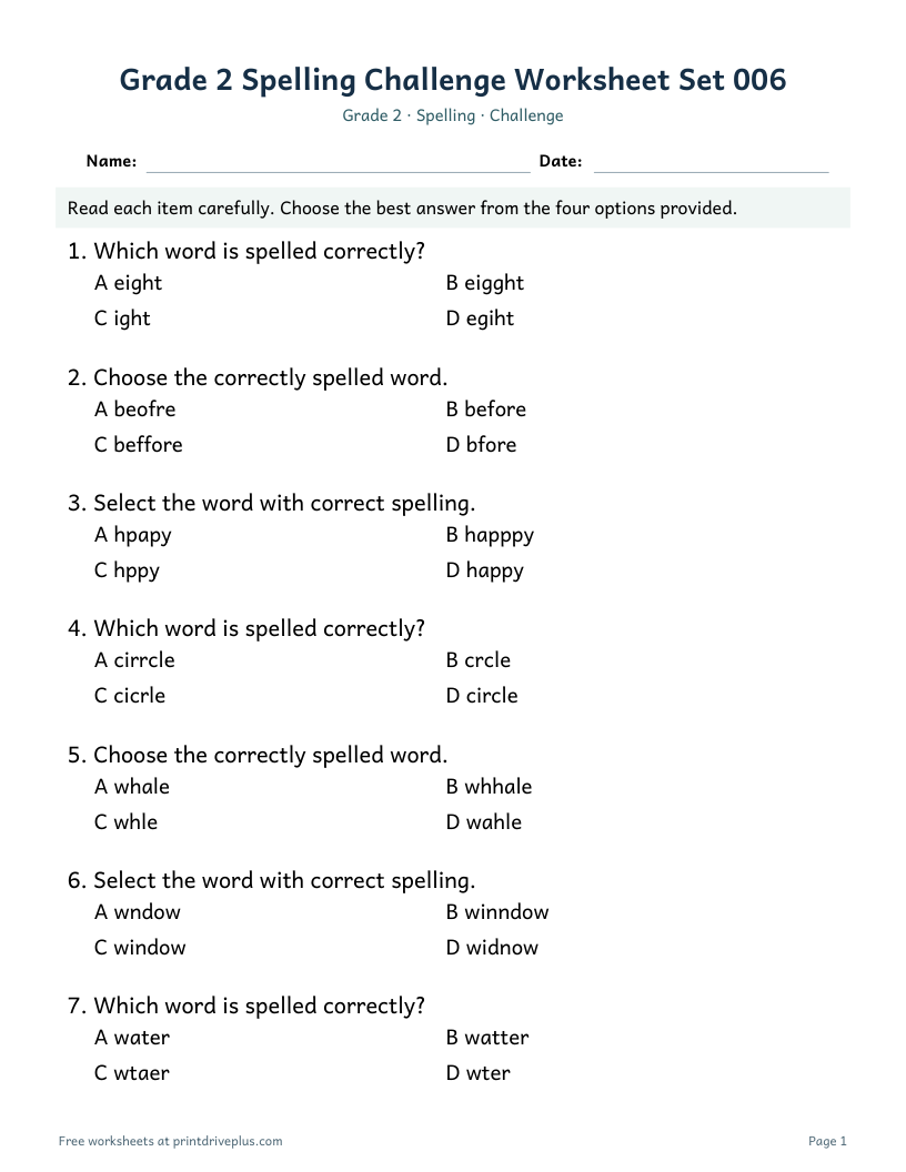 Preview of Grade 2 Spelling Challenge Worksheet Set 006