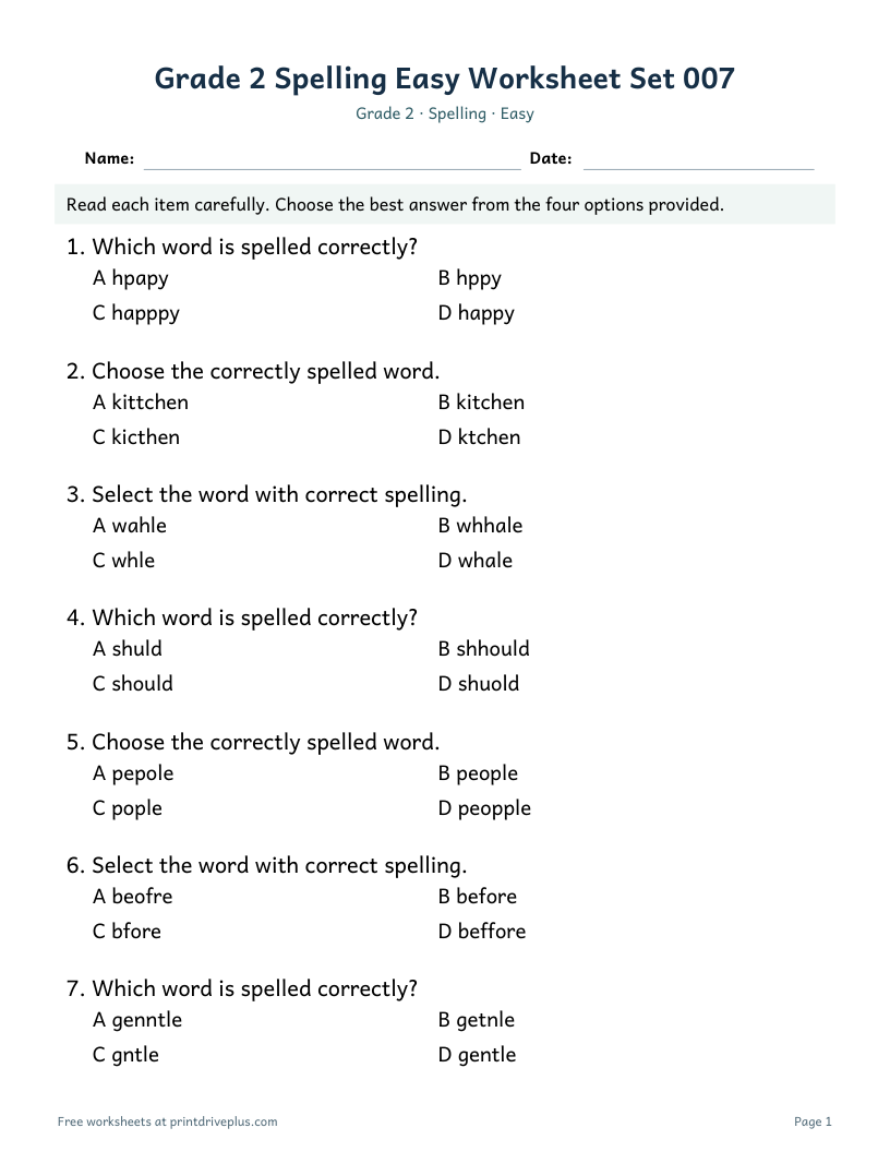 Preview of Grade 2 Spelling Easy Worksheet Set 007