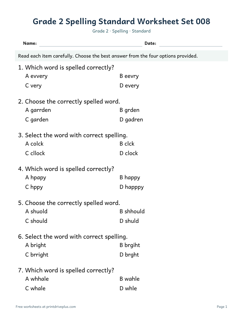 Preview of Grade 2 Spelling Standard Worksheet Set 008