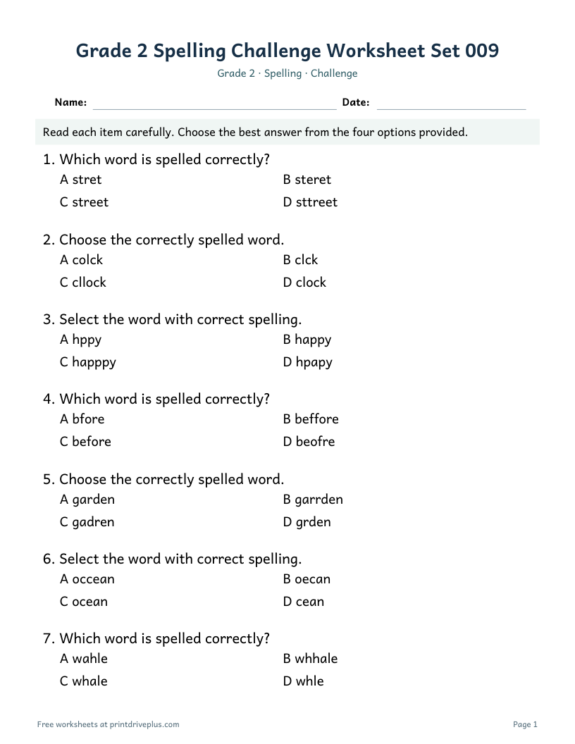 Preview of Grade 2 Spelling Challenge Worksheet Set 009
