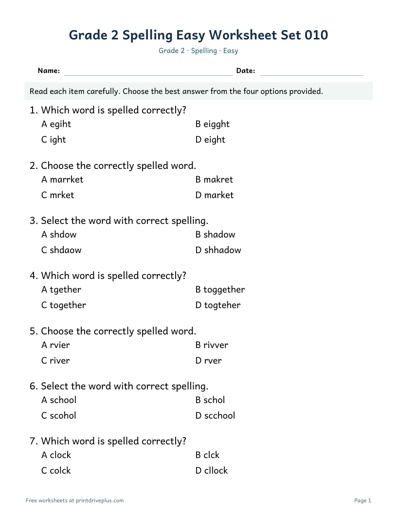 Preview of Grade 2 Spelling Easy Worksheet Set 010