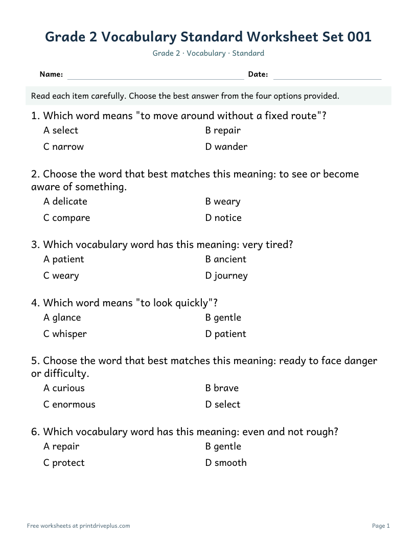 Preview of Grade 2 Vocabulary Standard Worksheet Set 001