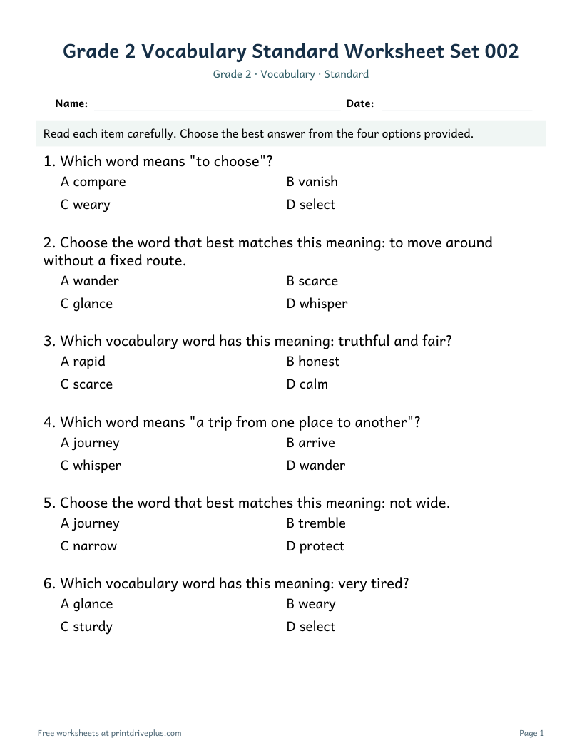 Preview of Grade 2 Vocabulary Standard Worksheet Set 002