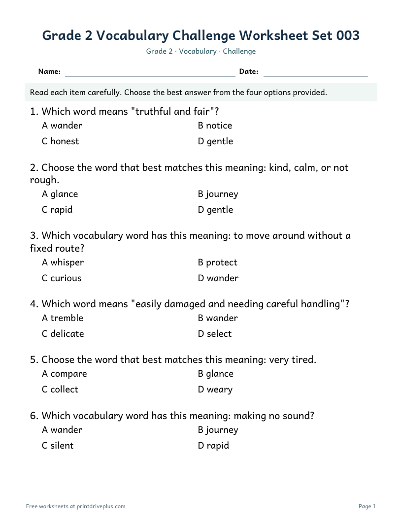 Preview of Grade 2 Vocabulary Challenge Worksheet Set 003