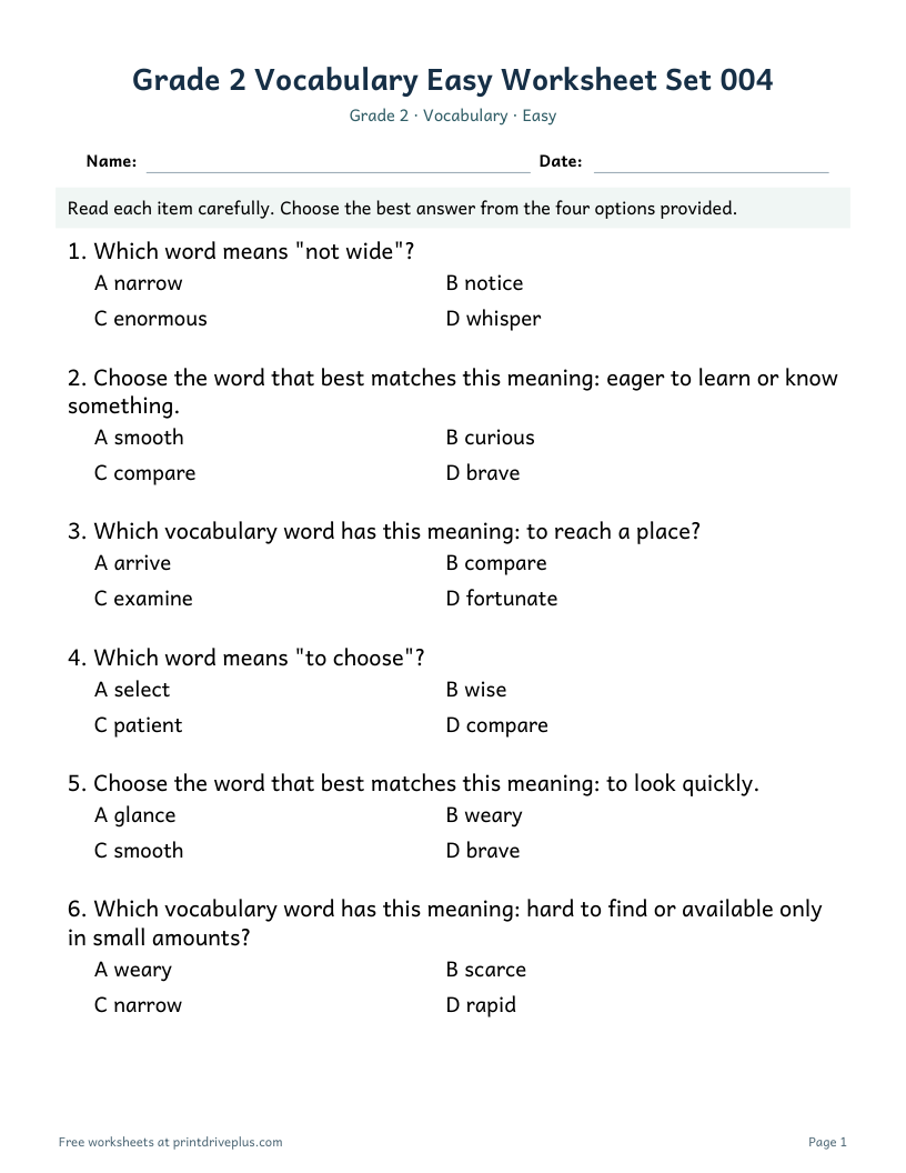Preview of Grade 2 Vocabulary Easy Worksheet Set 004