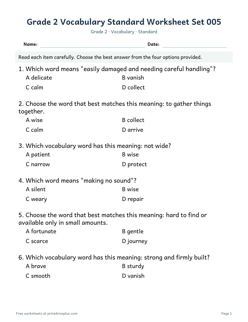 Preview of Grade 2 Vocabulary Standard Worksheet Set 005
