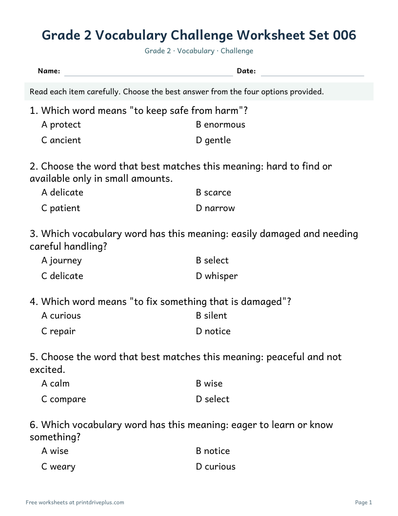 Preview of Grade 2 Vocabulary Challenge Worksheet Set 006